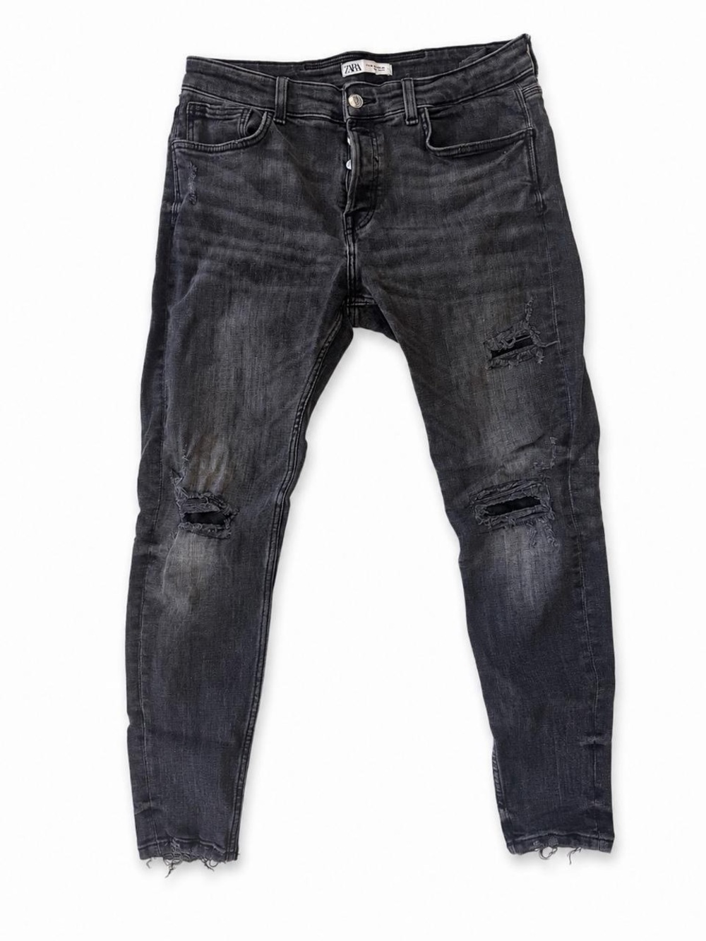 Zara Men Washed Black Skinny Distressed Jeans 36